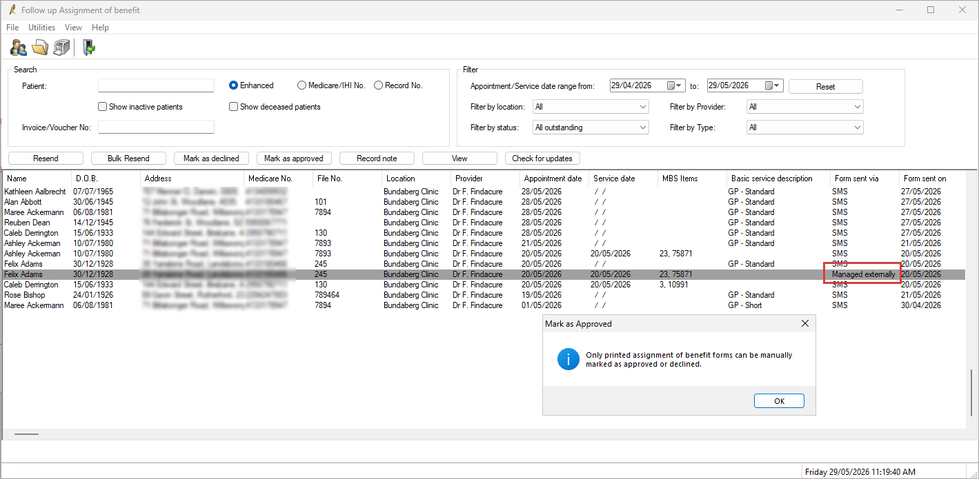 Assignment of benefit requests managed externally.