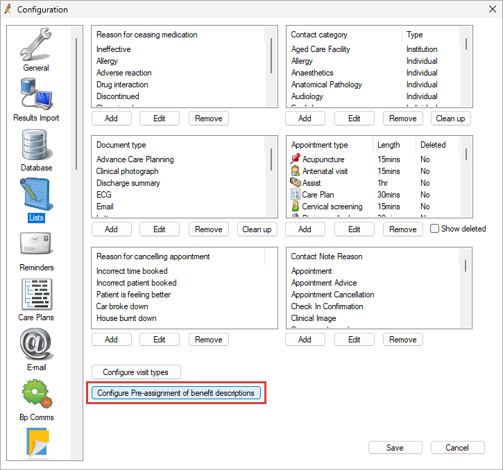 Button to configure pre-assignment of benefit descriptions.