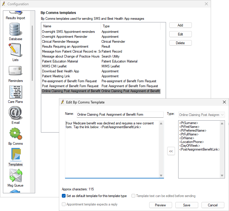 Post assignment of benefit Bp Comms template