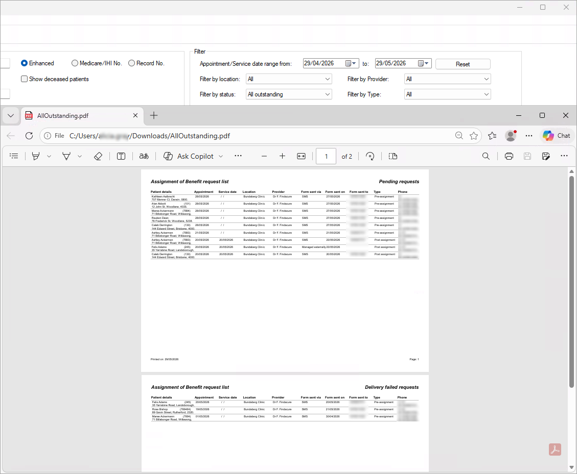 PDF preview of printed assignment of benefit requests list.