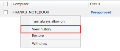 Right-click to View History for a PC