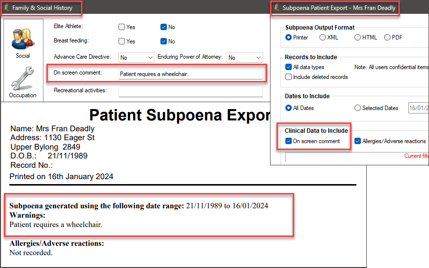 Images demonstrate the Patient Subpoena Export document with an on-screen comment in the Warnings section. Images demonstrate the Patient Subpoena Export document with an on-screen comment in the Warnings section.