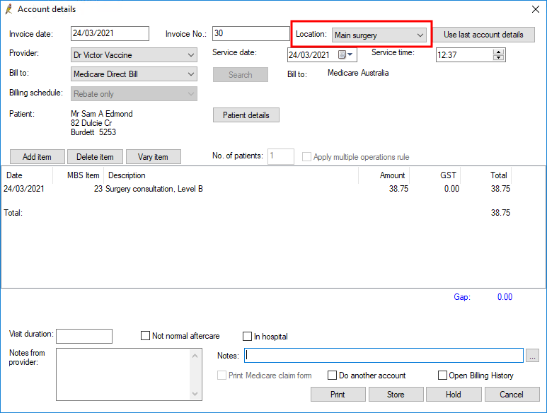 Check the billing Location before you print the account