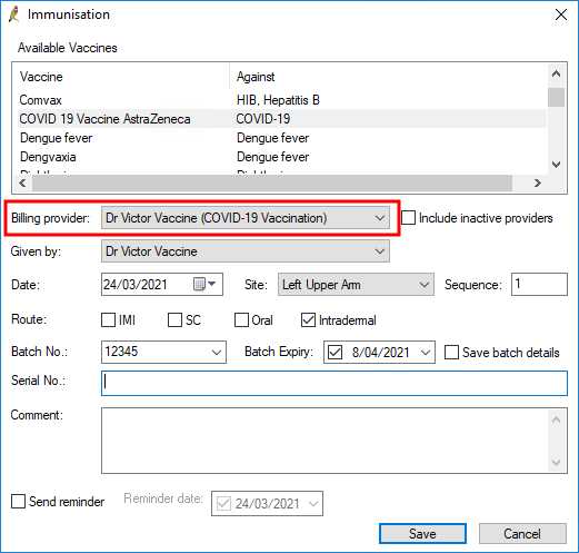 Select the Provider at the COVID location you created as the Billing Provider