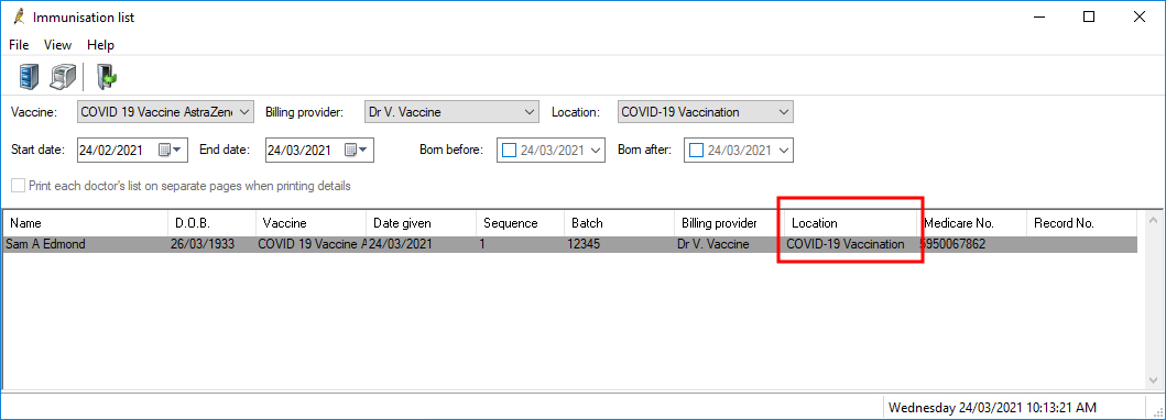 Check the location shown in the Immunisations List before sending