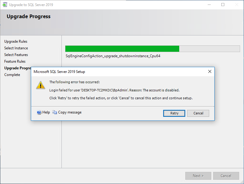 SQL Server Upgrade account disabled message