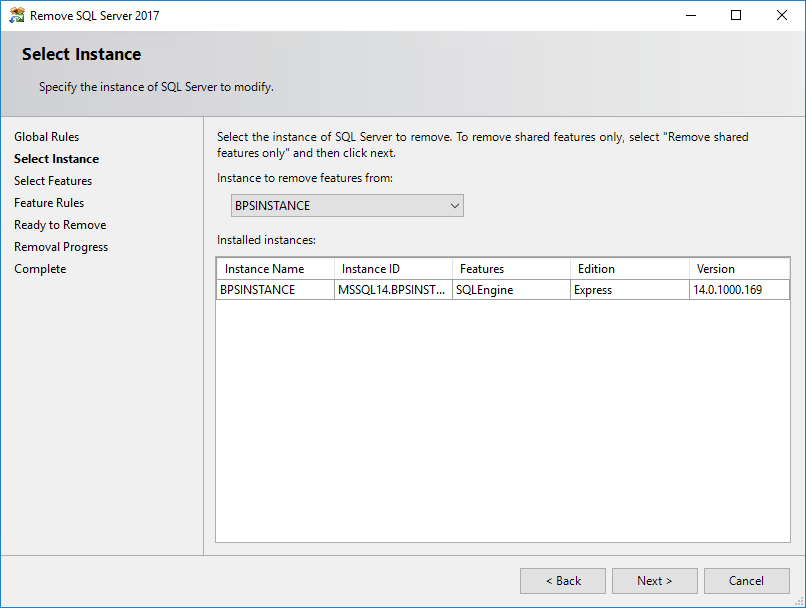 SQL Uninstall Wizard select instance