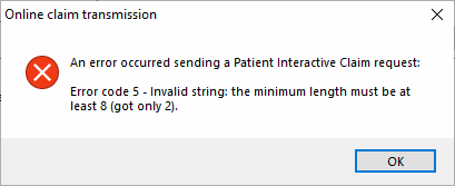 Error code 5 - Invalid string: the minimum length must be at least 8 (got only 2).