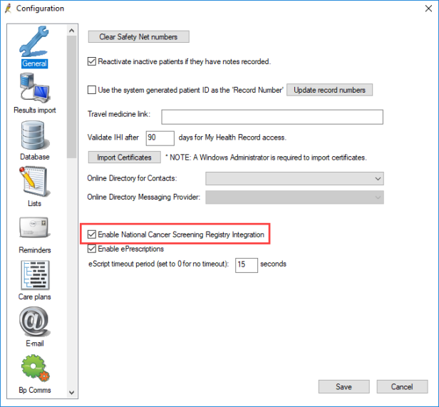 The Enable National Cancer Screening Registry Integration checkbox in the configuration window.