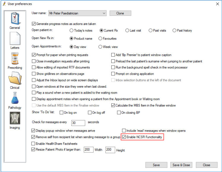 The Enable NCSR Functonality checkbox in the User Preferences screen.