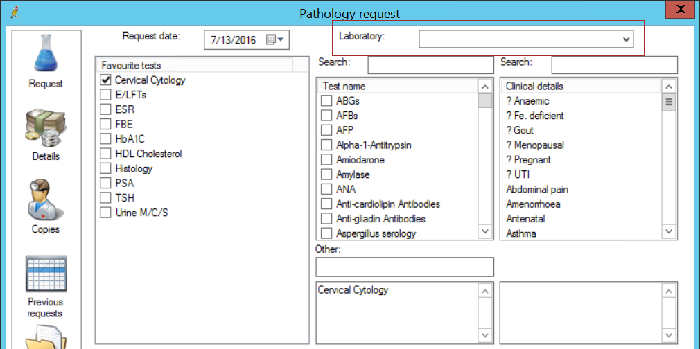 Pathology Request laboratory field