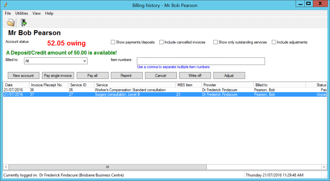 Patient Billing History