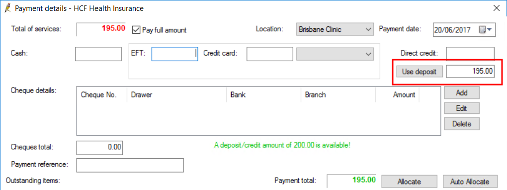 Payment Details with deposit
