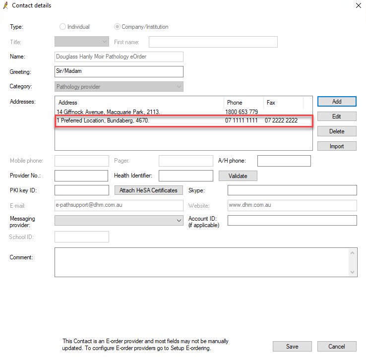 Adding preferred address details for a laboratory configured for Enhanced eOrdering