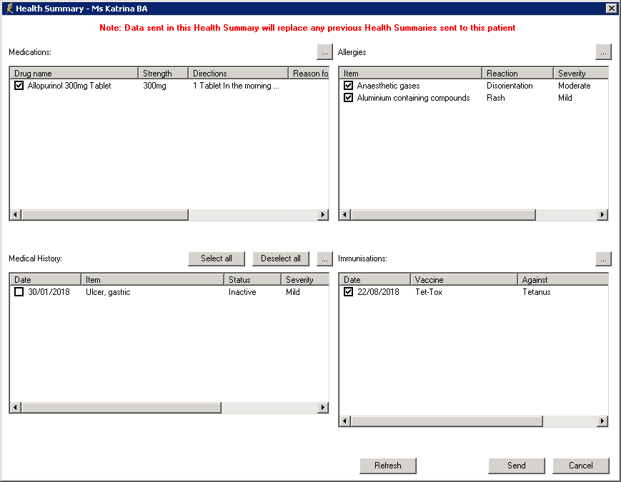 BHA Health Summary window