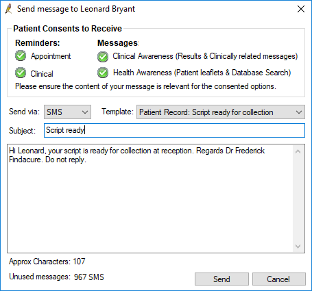 Send message from patient record