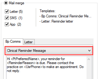 Select clinical reminder SMS template