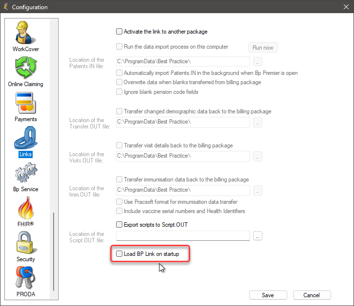 Untick Load Bp Link on startup