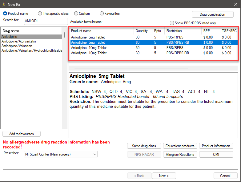 Example of additional line item for medication with 60-day dispensing available