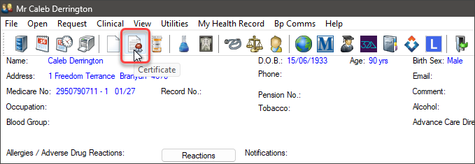 The medical certificate icon in the patient record