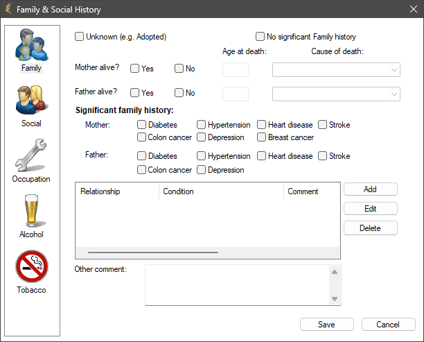 The image depicts the Family and Social History screen in Orchid SP2.