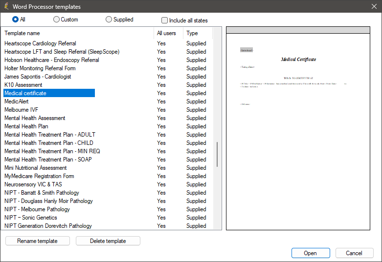 the word processor templates screen.