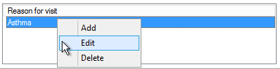 Reason for Visit context menu