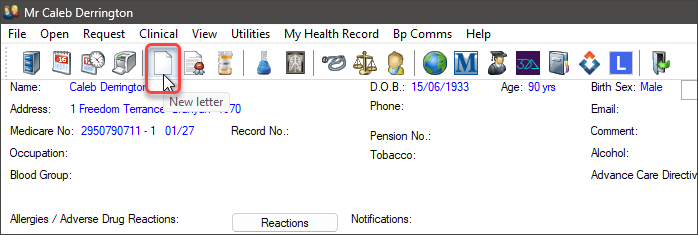 The word processor icon in the patient record