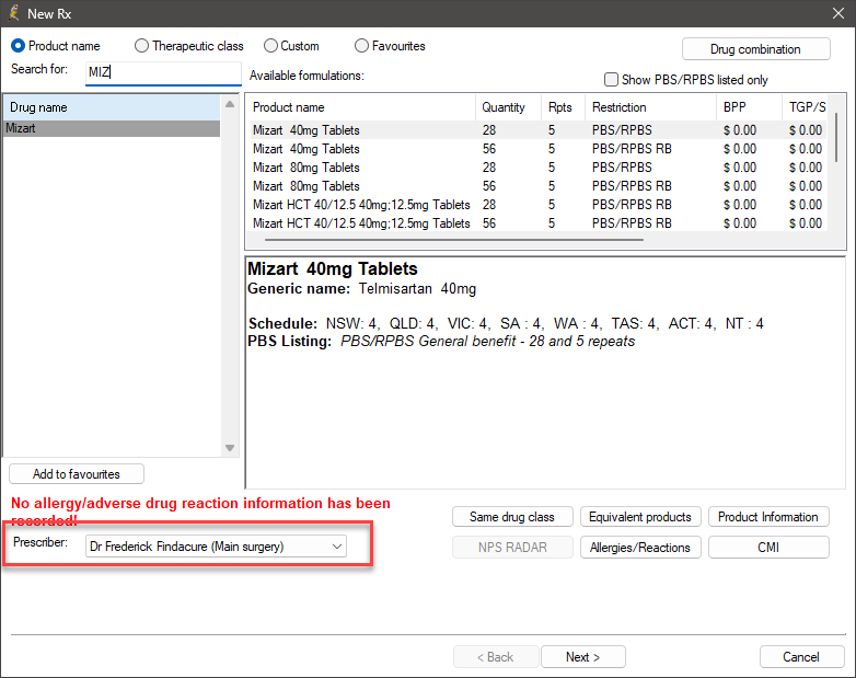 New Rx Prescriber dropdown