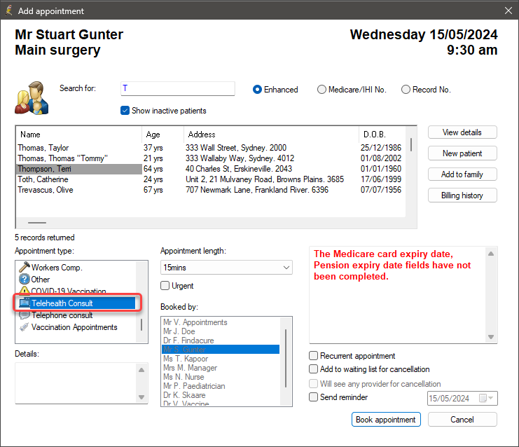 Select a Telehealth Consult Appointment Type