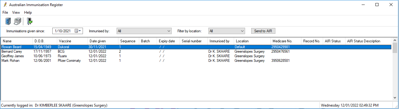 Autralian Immunisation Register Screen