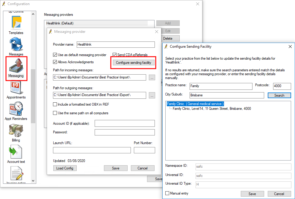 Configure sending facility