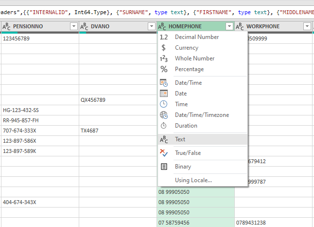 Set the type of phone number columns to text