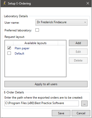 The imaging e-ordering setup screen.