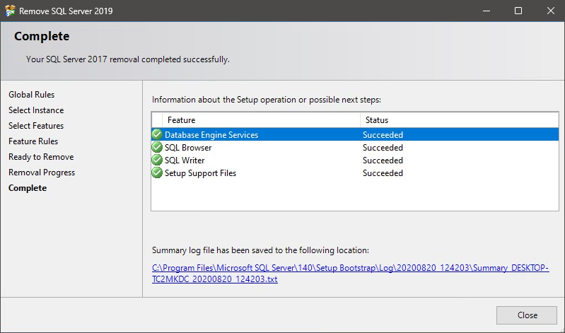 SQL Uninstallation complete