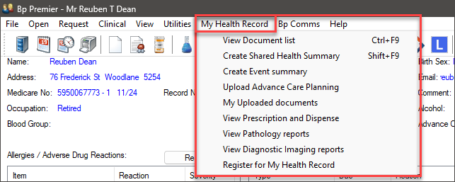 My Health Record Menu