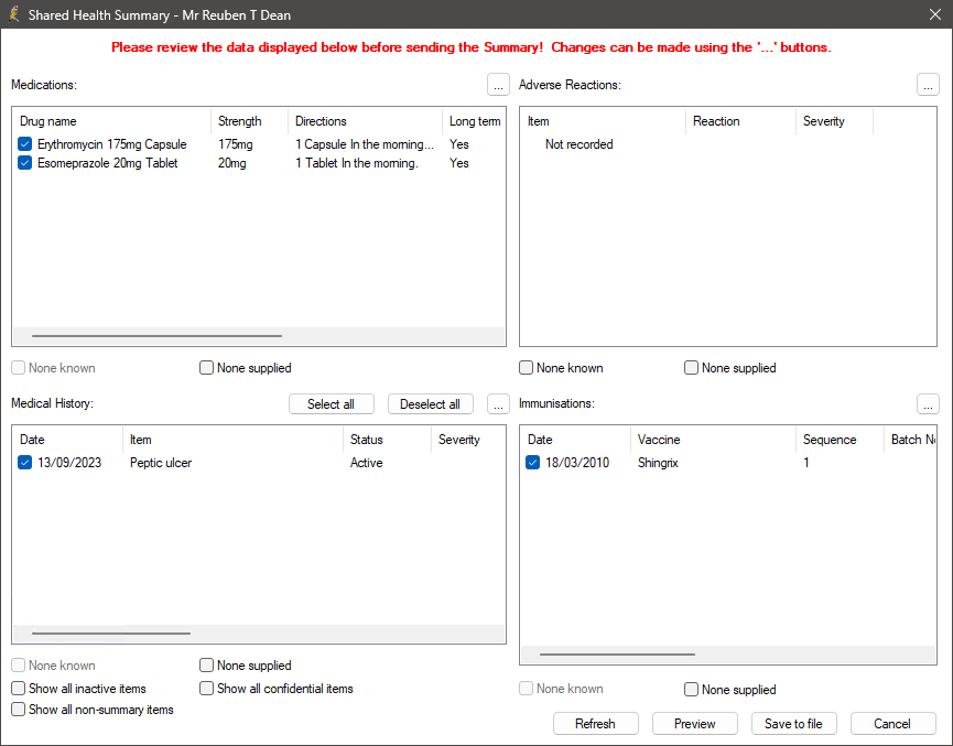 Shared Health Summary to upload