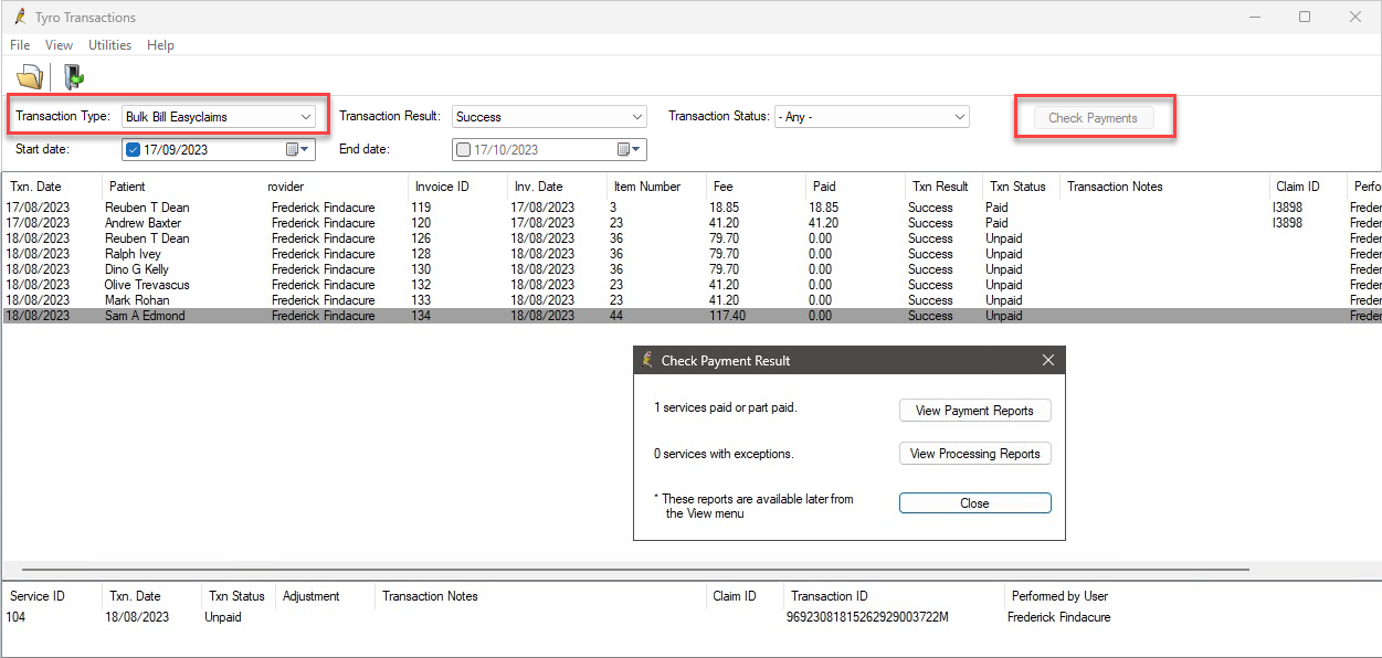 Bulk Bill EasyClaims check for payments