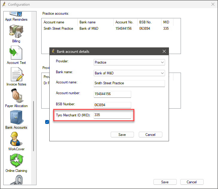 Bank account details for Tyro