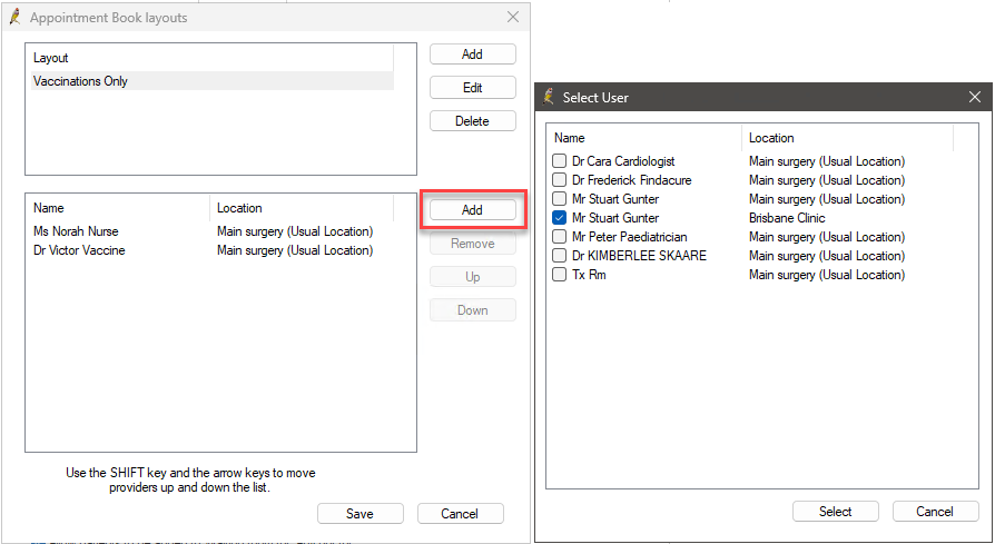 Appointment Book Layout select user