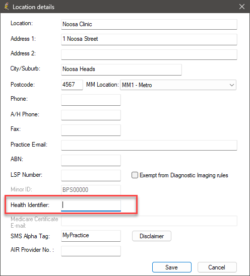 Screenshot of Location details screen with a Health Identifier field.