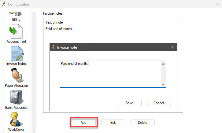 Add an invoice note to added as service text or notes on invoices