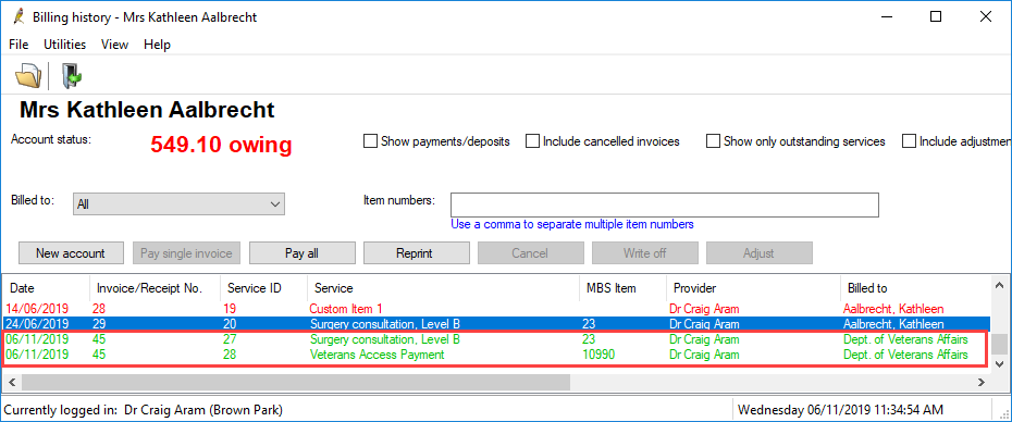 Patient Billing History displaying Held Accounts