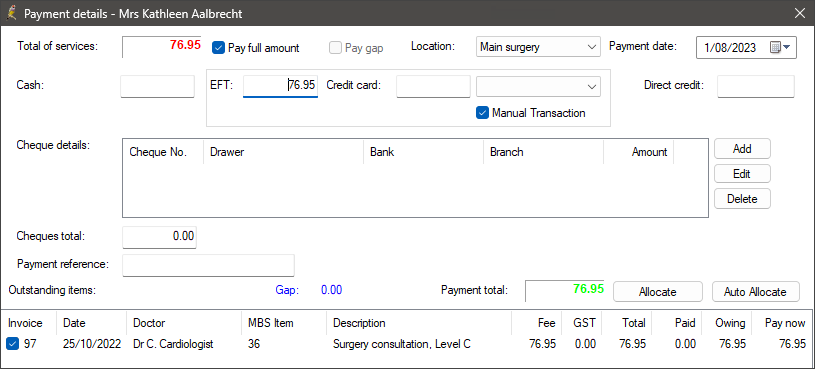 Payment details when paying in full