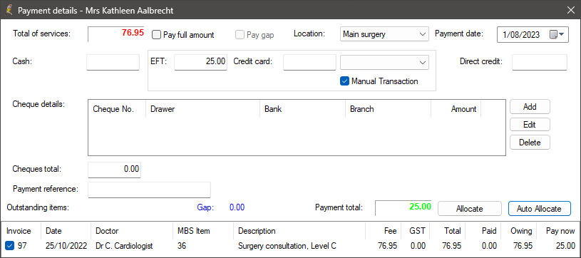 Payment details for split payments