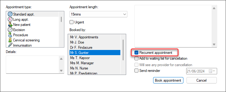 Book recurrent appointment