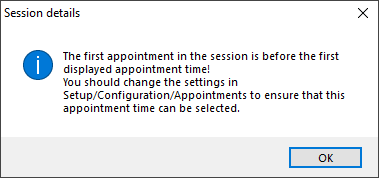 Alert saying sessions are out of appointment book bounds