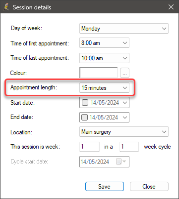 Set the appointment length for a doctor's sessions