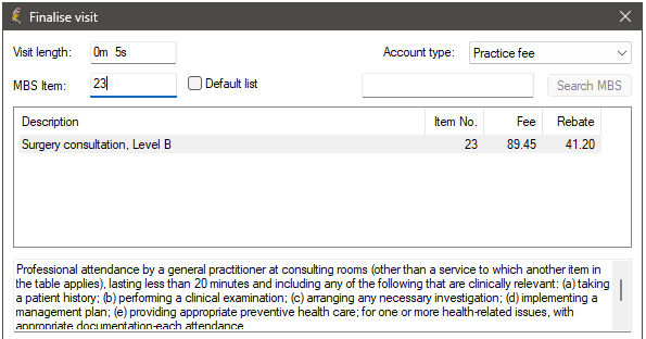 Finalise visit selecting an MBS item