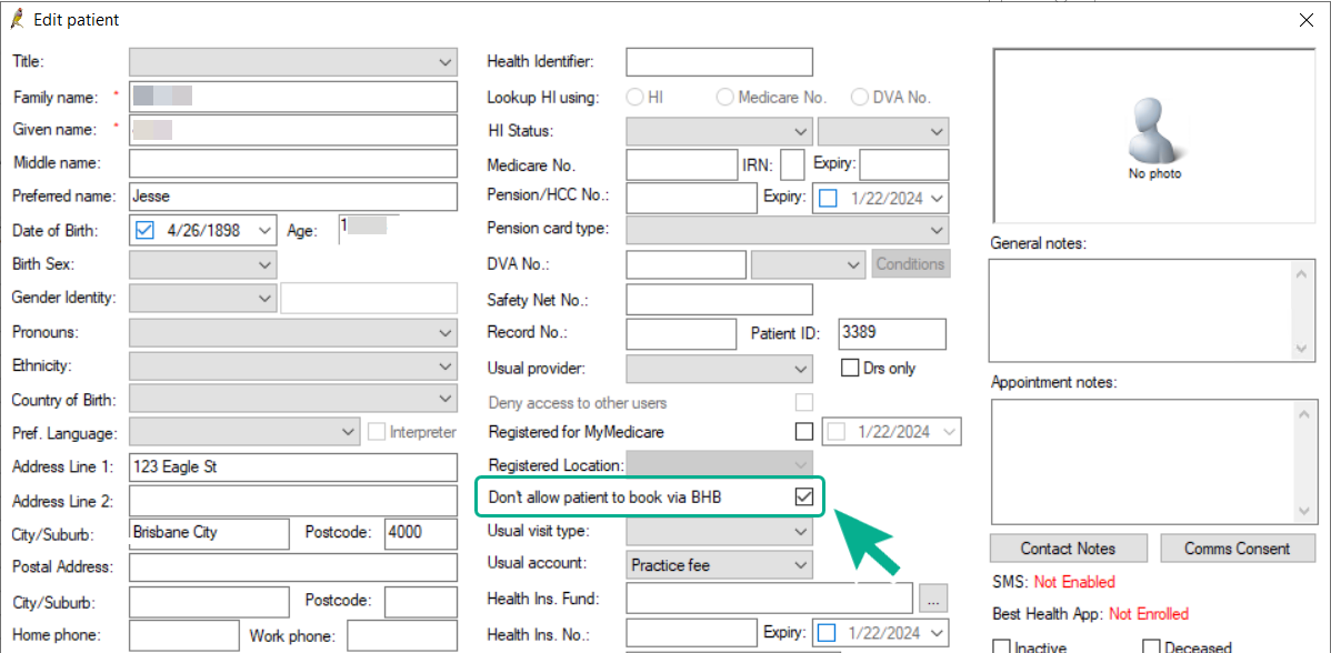 Tick Don't allow patients to book via BHB to disable online booking